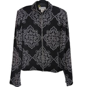 ADRIANNA PAPELL Vintage Beaded Dress-up Jacket Womens Size L Black Silk